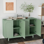 Stylish and Functional 4-Door Intaglio Storage Cabinet with Pine Legs, Solid Wood Pulls and MDF, for Living Room - Image 2