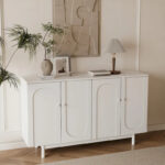 Stylish and Functional 4-Door Intaglio Storage Cabinet with Pine Legs, Solid Wood Pulls and MDF, for Living Room - Image 11