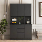 Kitchen Pantry Cabinet with Microwave Stand and 2 Drawers, Freestanding Buffet Cupboards Sideboard with Charging Station - Image 30