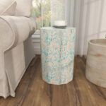 Mother of Pearl Shell Handmade Mosaic Inlay Drum Side End Accent Table - Blue - Image 3