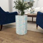 Mother of Pearl Shell Handmade Mosaic Inlay Drum Side End Accent Table - Blue - Image 5